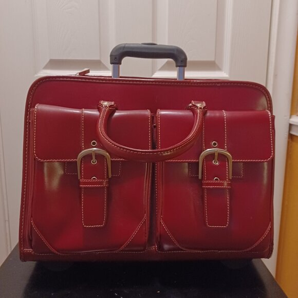 Franklin Covey Red/Burgundy Leather Rolling Luggage/Laptop Bag/Briefcase - Picture 2 of 10